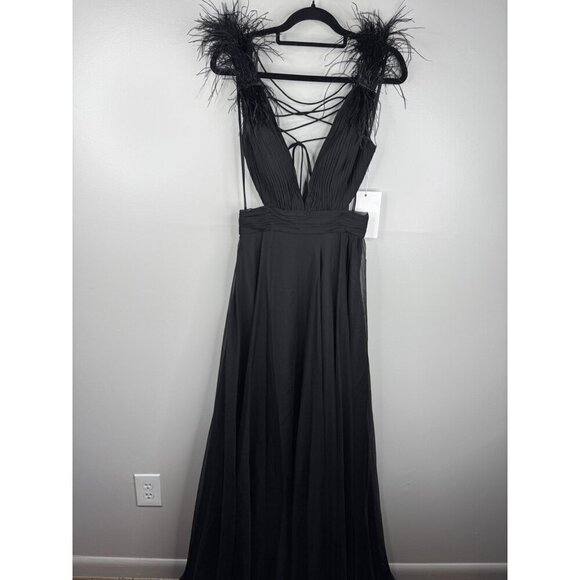 Mac Duggal 68113 Black Maxi Dress Plunge Neck Ostrich Feather Open Back Size 6 - Picture 3 of 6
